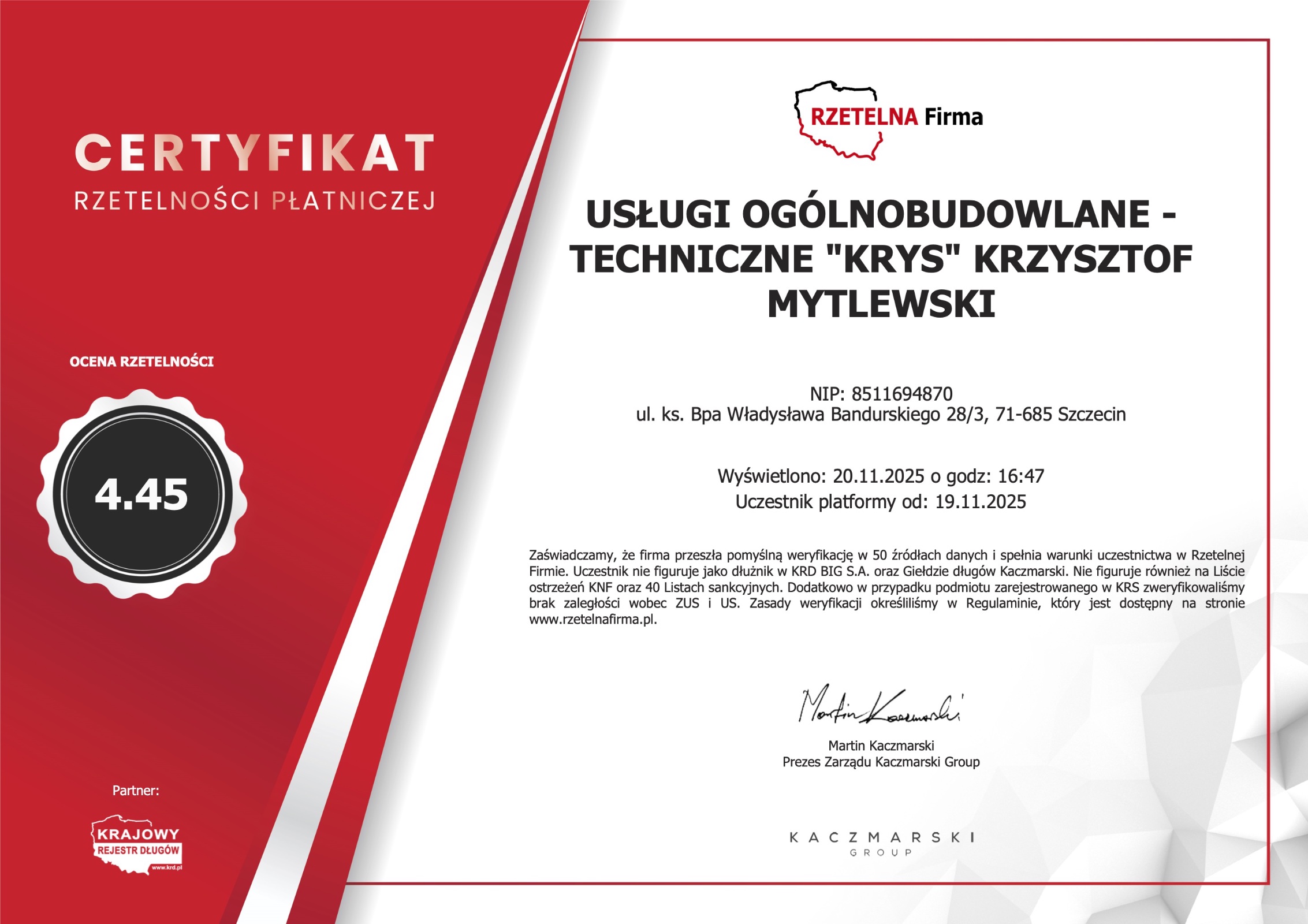 Certyfikat Rzetelna Firma